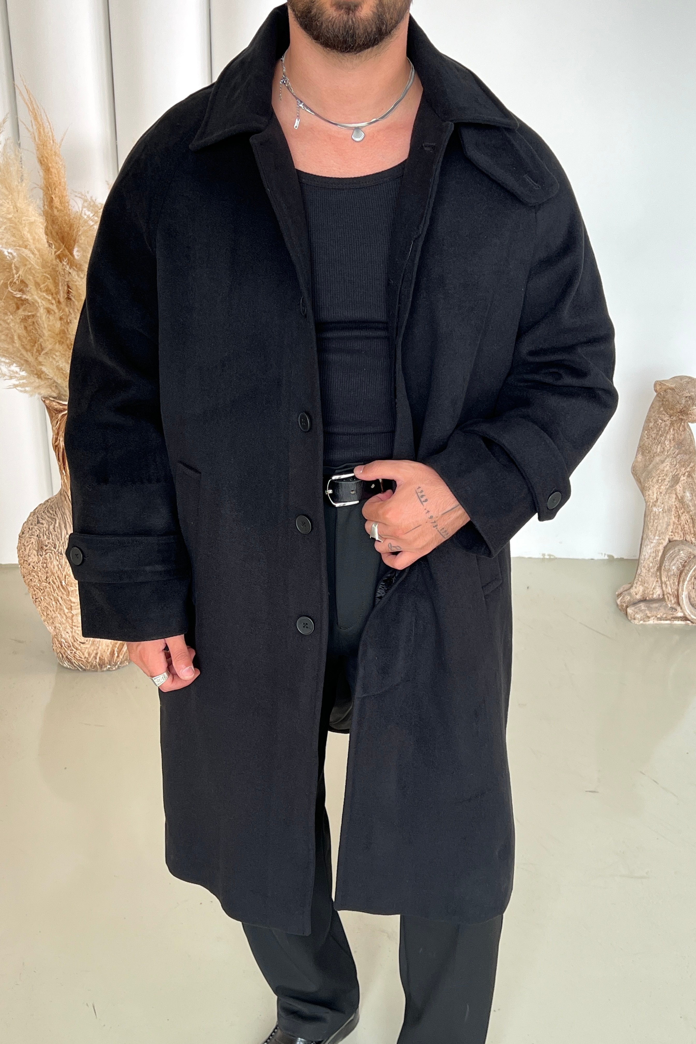 Kaşe Oversize Uzun Kaban Siyah