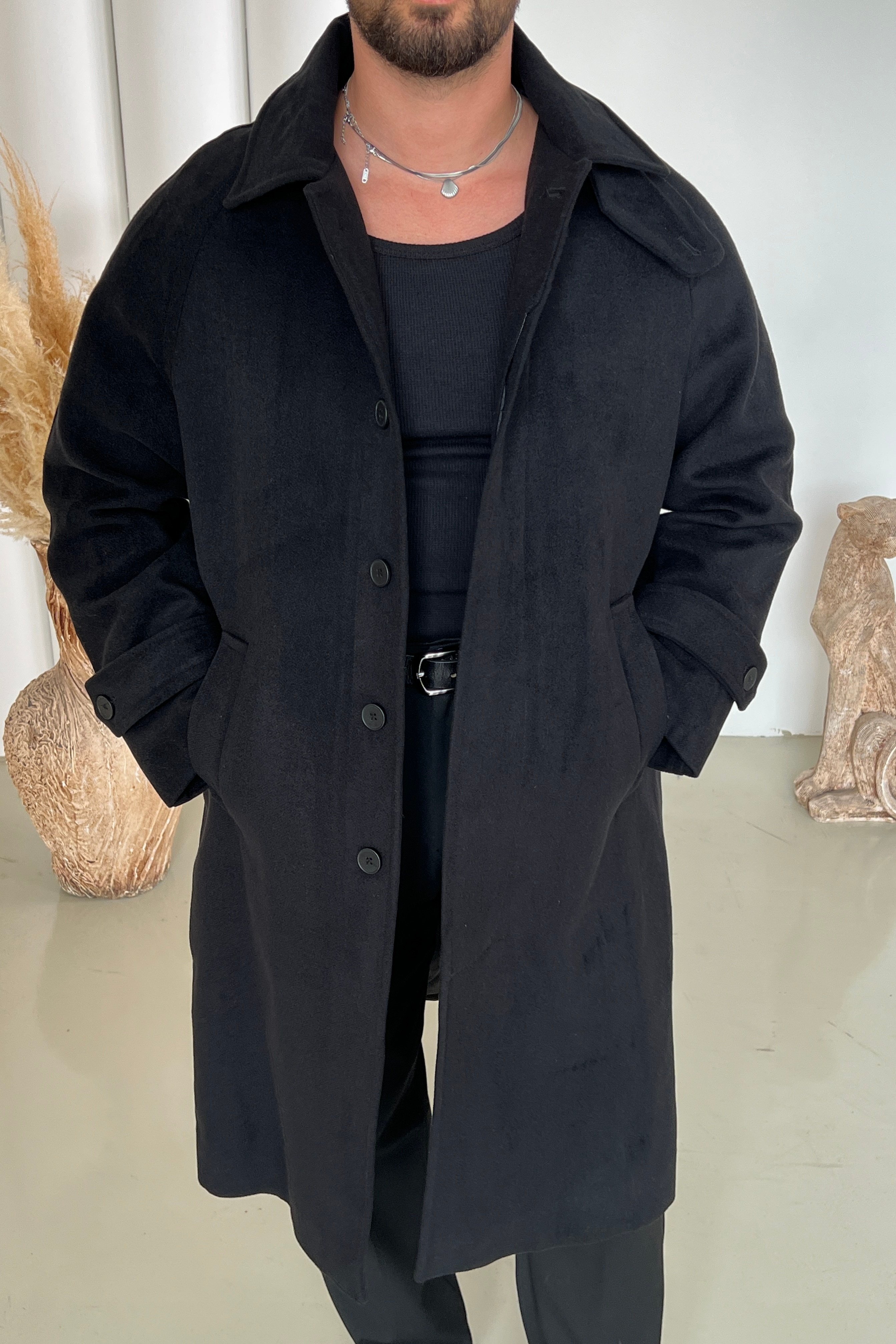 Kaşe Oversize Uzun Kaban Siyah