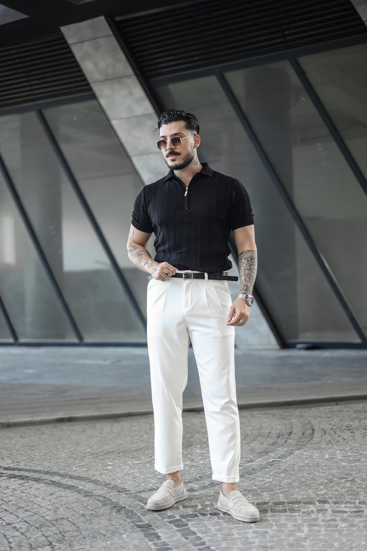 Kemerli Klasik Pantolon Beyaz
