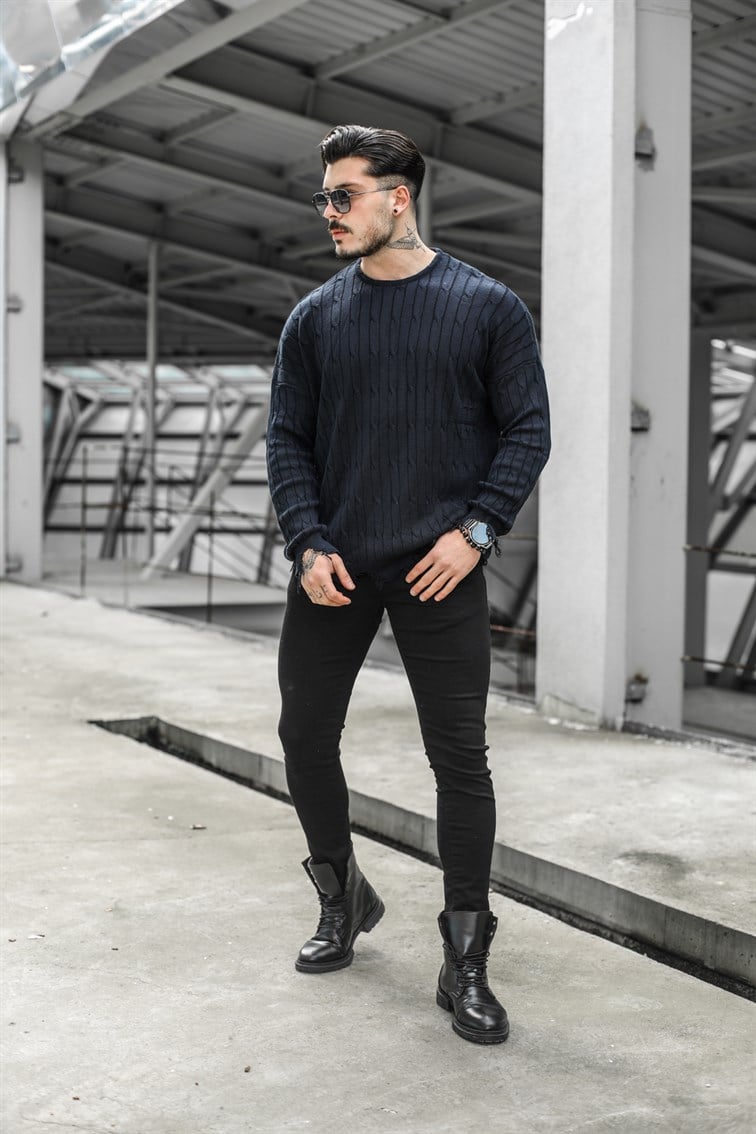 Kendinden Çizgili Oversize Yırtık Kazak