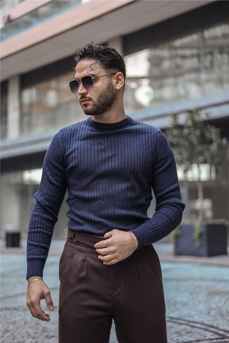 Kendinden Çizgili Slim Fit Kazak Lacivert