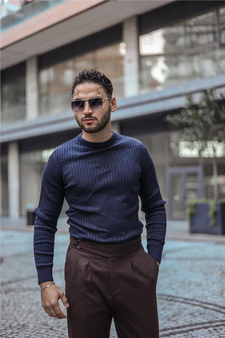 Kendinden Çizgili Slim Fit Kazak Lacivert