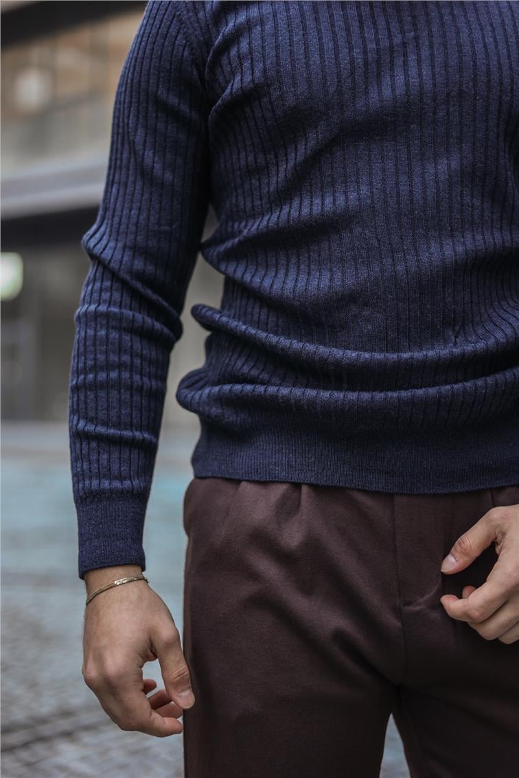 Kendinden Çizgili Slim Fit Kazak Lacivert