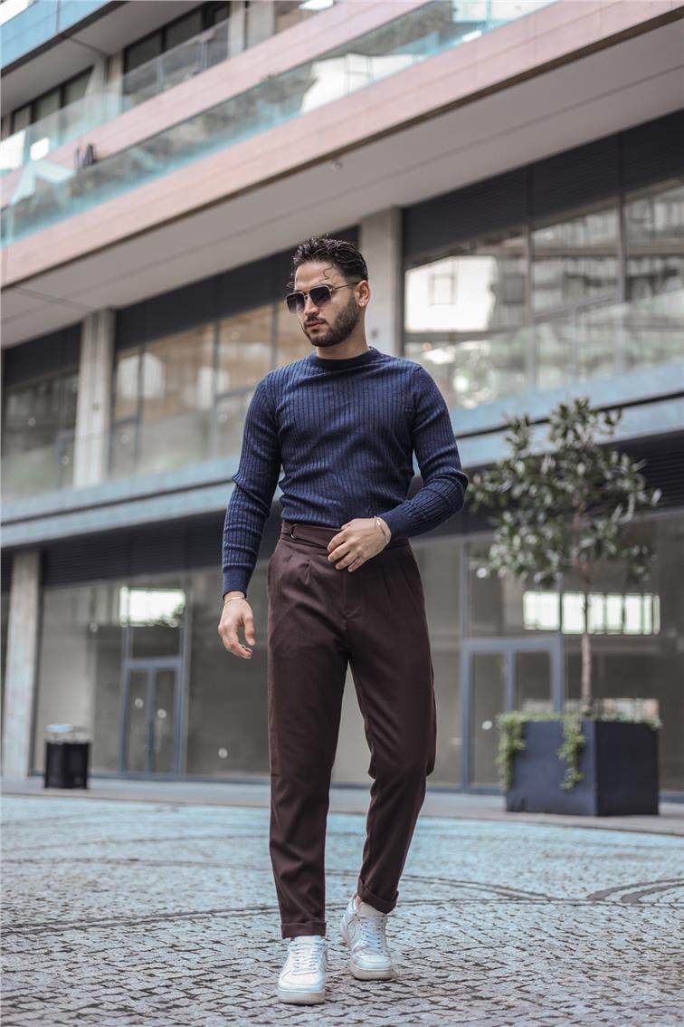 Kendinden Çizgili Slim Fit Kazak Lacivert
