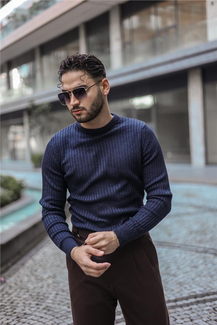 Kendinden Çizgili Slim Fit Kazak Lacivert