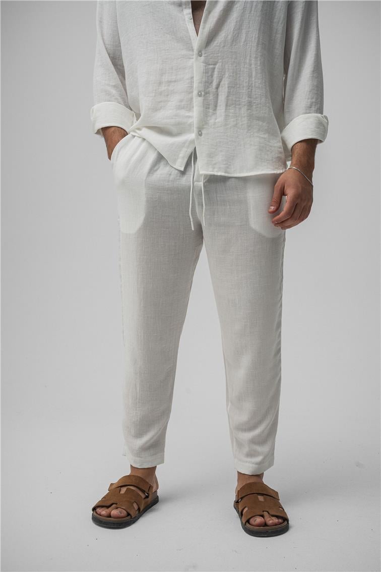 Keten Basic Boyfriend Pantolon Beyaz