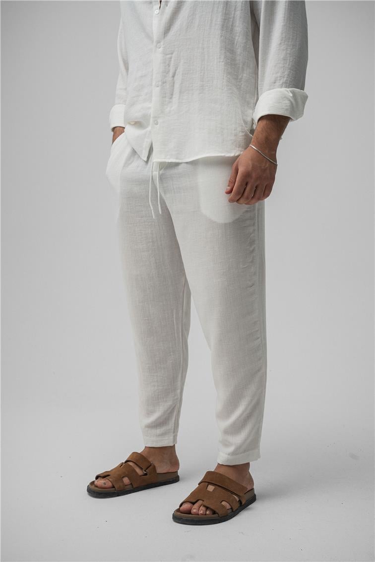 Keten Basic Boyfriend Pantolon Beyaz