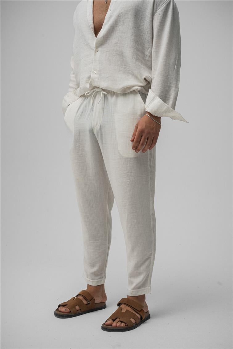 Keten Basic Boyfriend Pantolon Krem