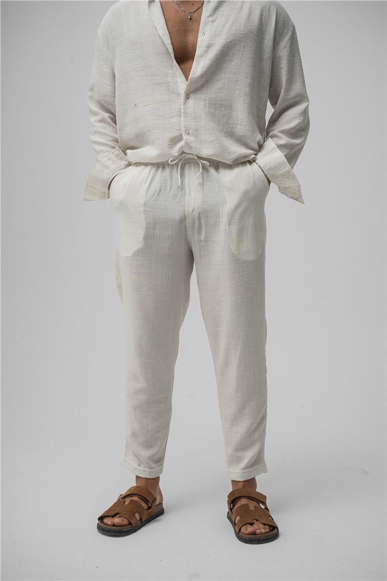 Keten Basic Boyfriend Pantolon Krem