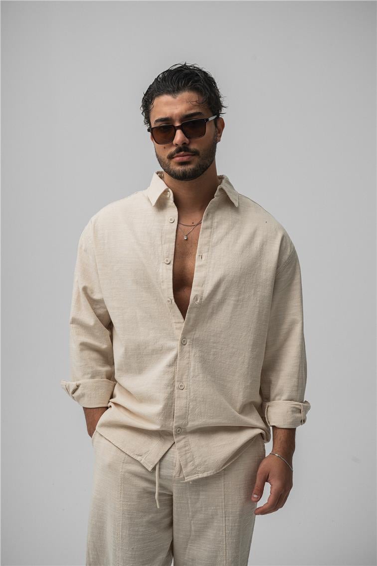 Keten Basic Oversize Gömlek Krem