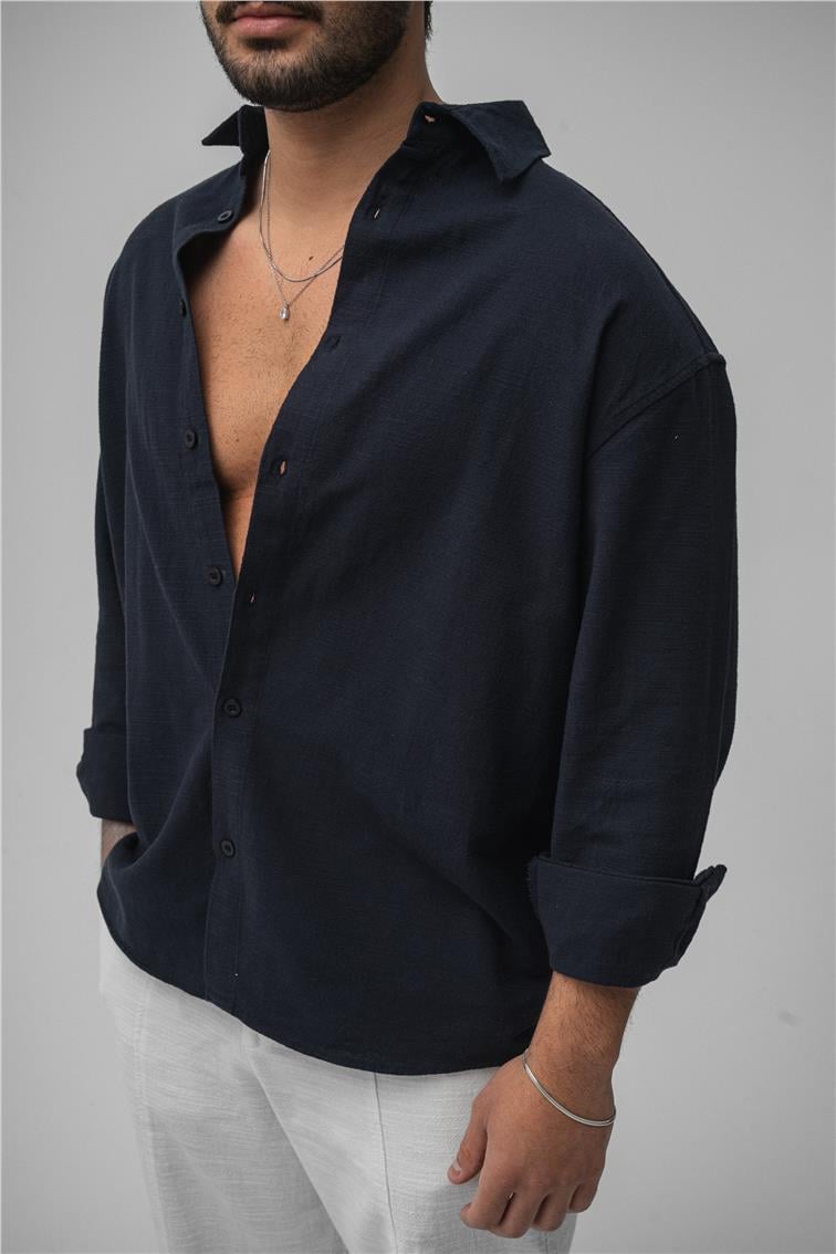 Keten Basic Oversize Gömlek Lacivert