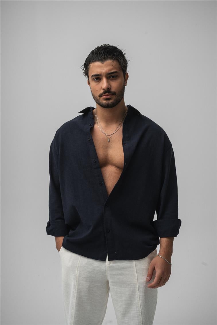 Keten Basic Oversize Gömlek Lacivert