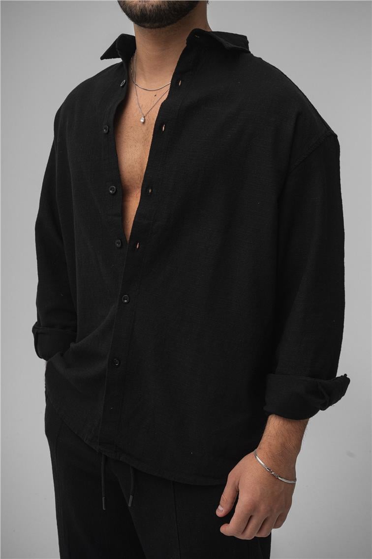 Keten Basic Oversize Gömlek Siyah