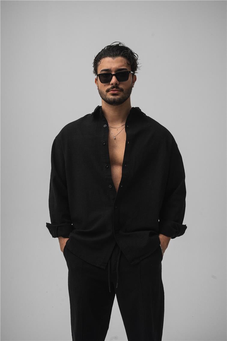 Keten Basic Oversize Gömlek Siyah