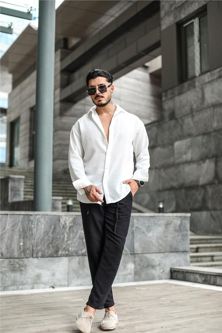 Keten Cepsiz Oversize Gömlek Beyaz