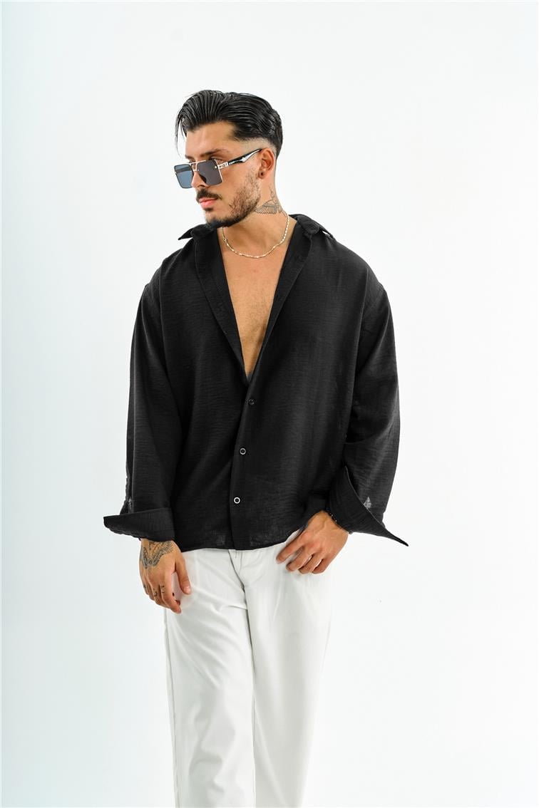 Keten Cepsiz Oversize Gömlek Siyah