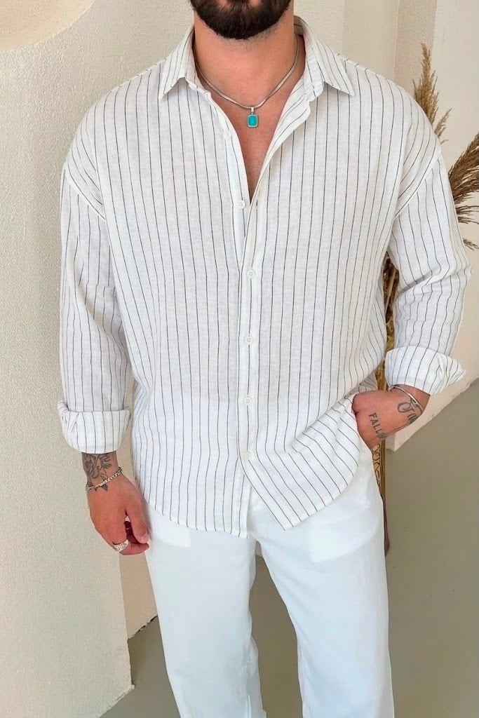 Keten Çizgili Oversize Gömlek Beyaz