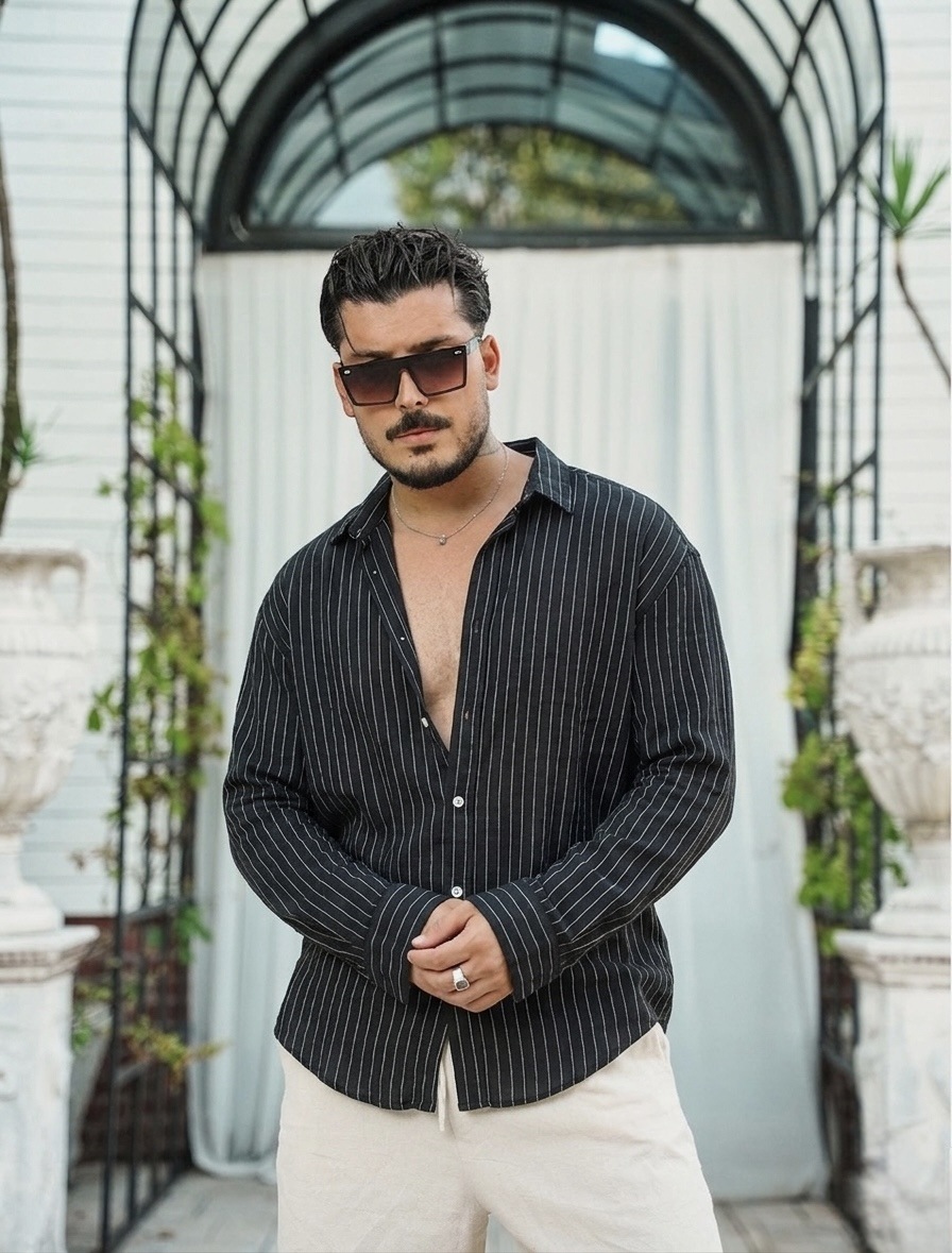 Keten Çizgili Oversize Gömlek Siyah