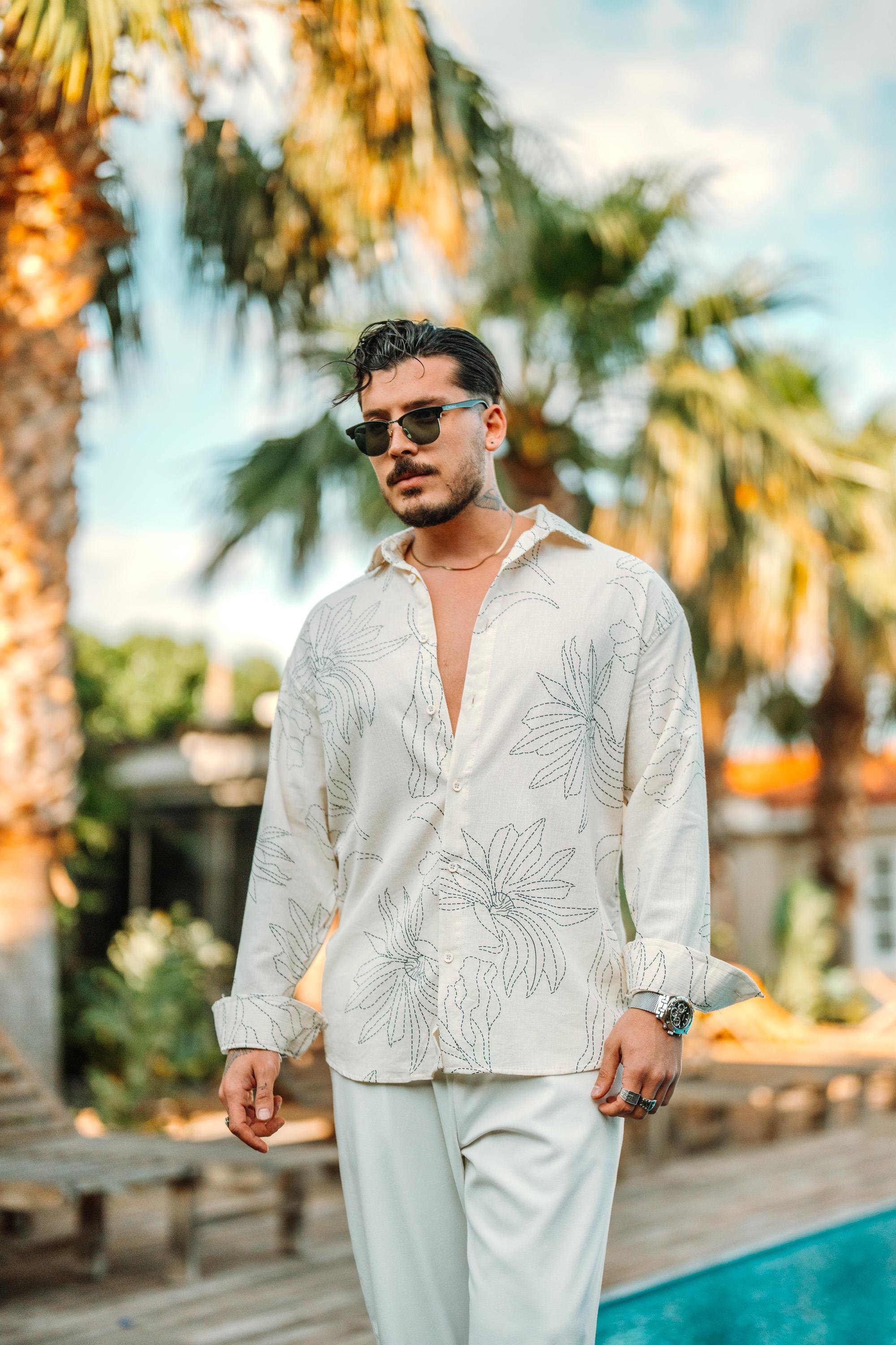 Keten Desenli Oversize Gömlek Siyah