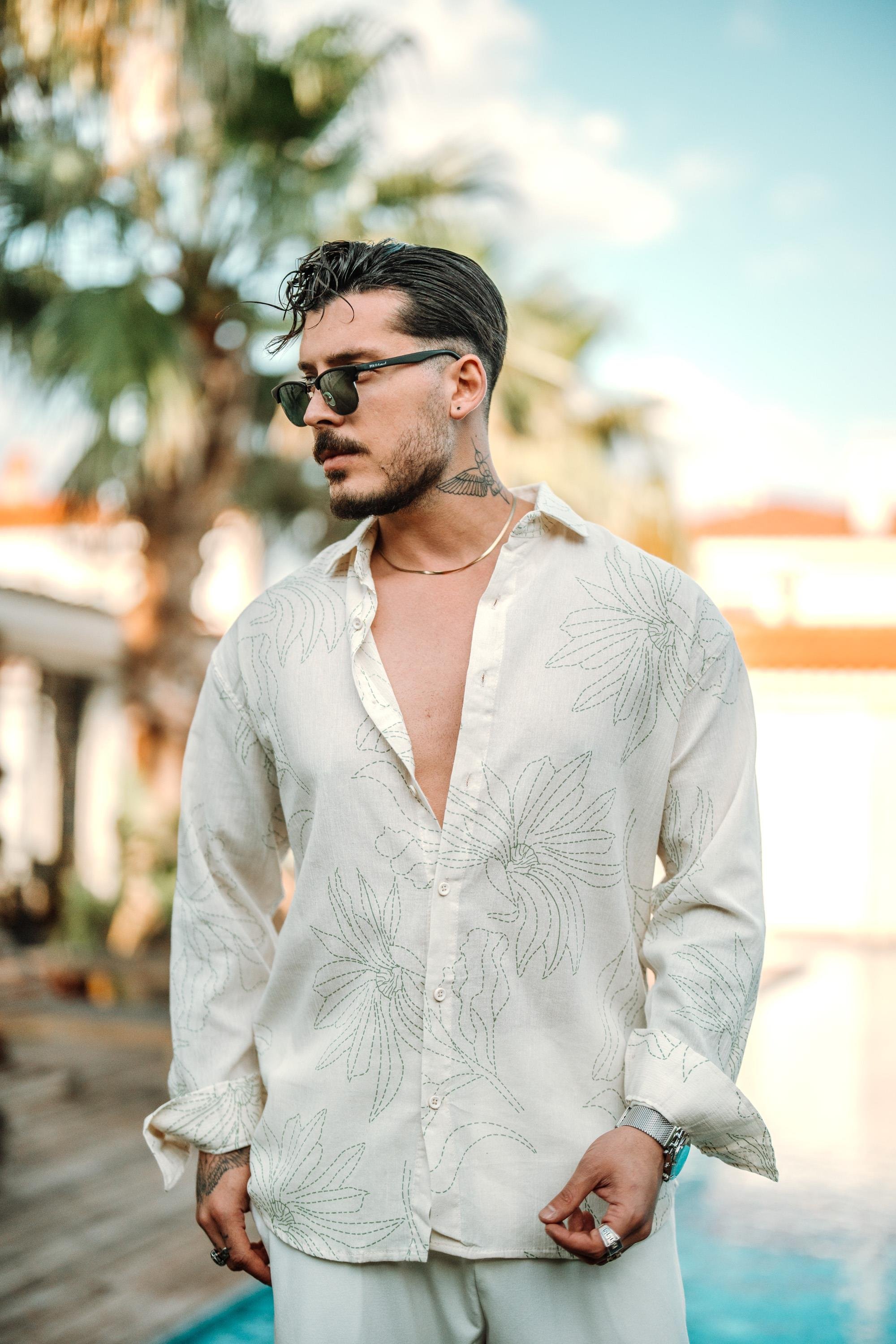 Keten Desenli Oversize Gömlek Yeşil