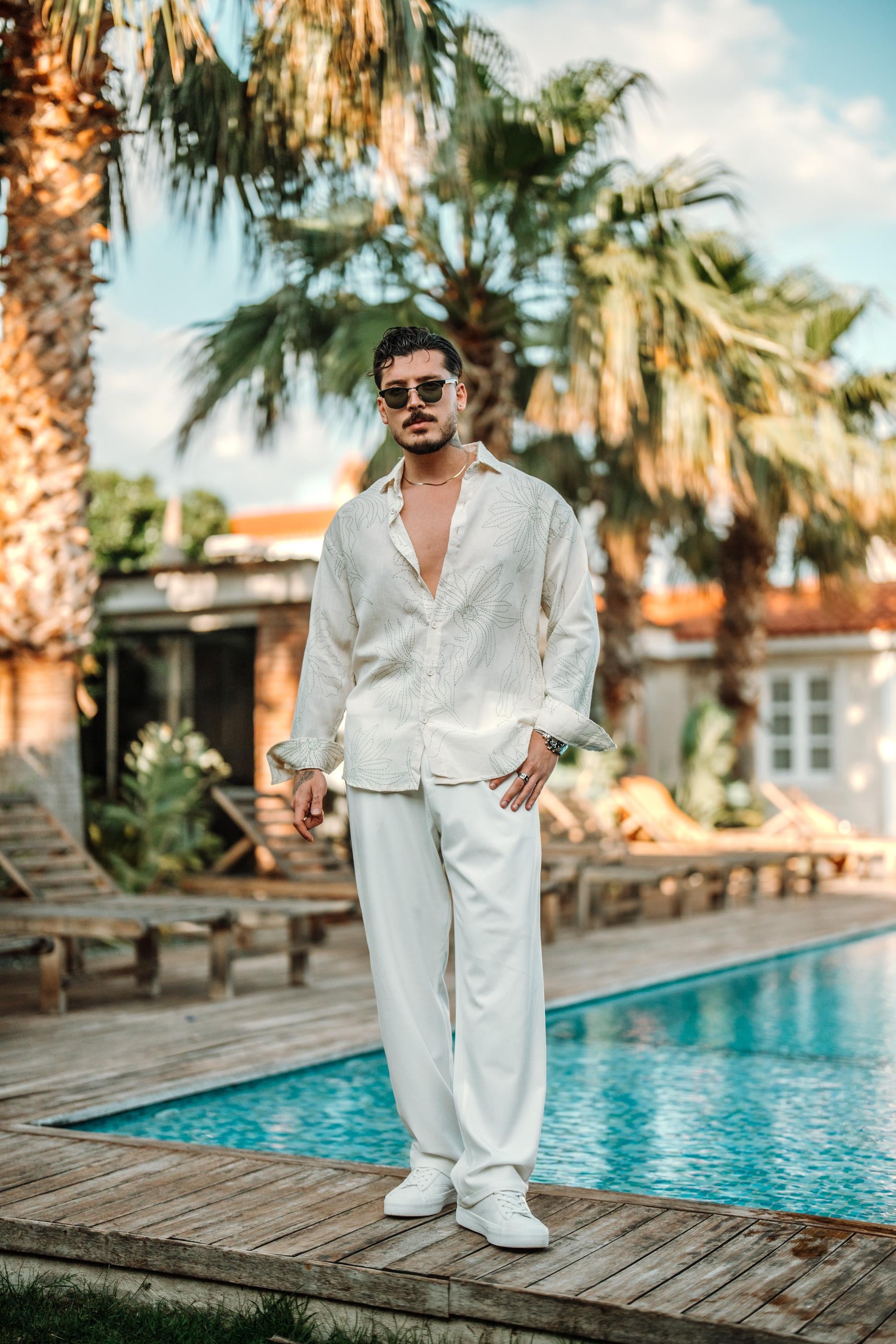 Keten Desenli Oversize Gömlek Yeşil