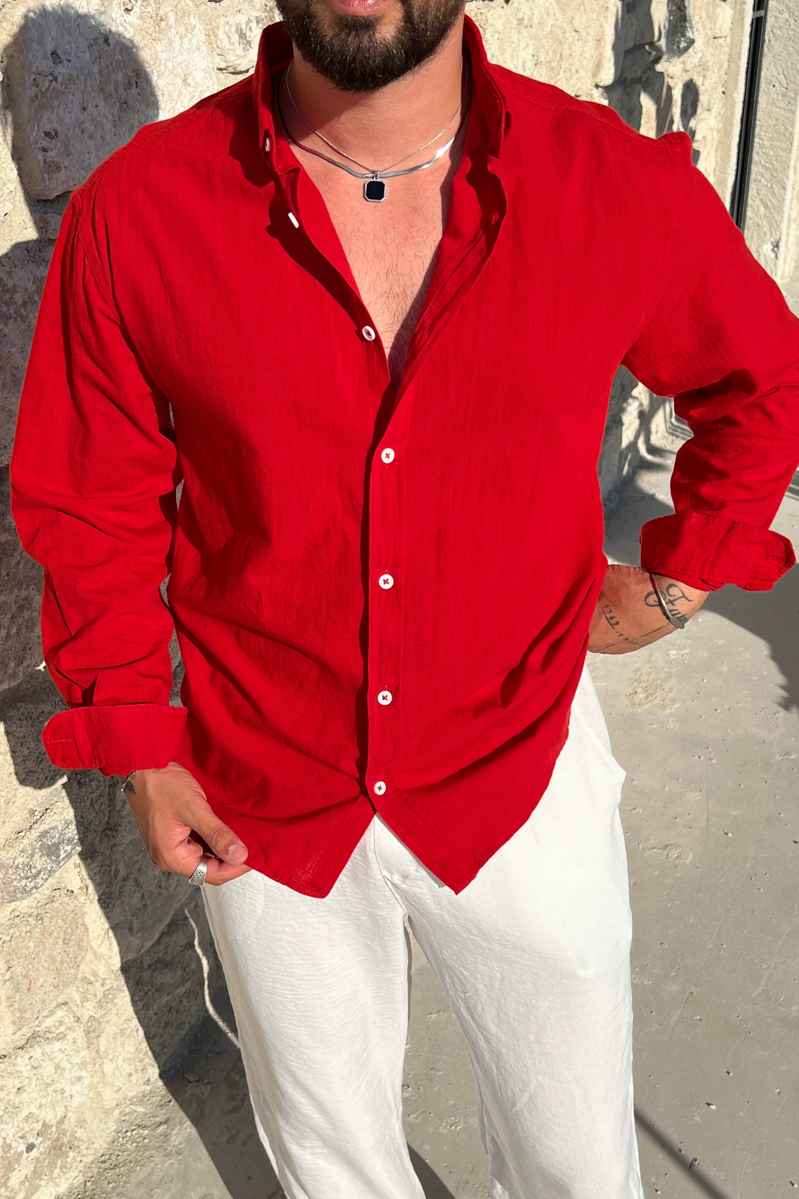 Keten Düğmeli Oversize Gömlek Kırmızı
