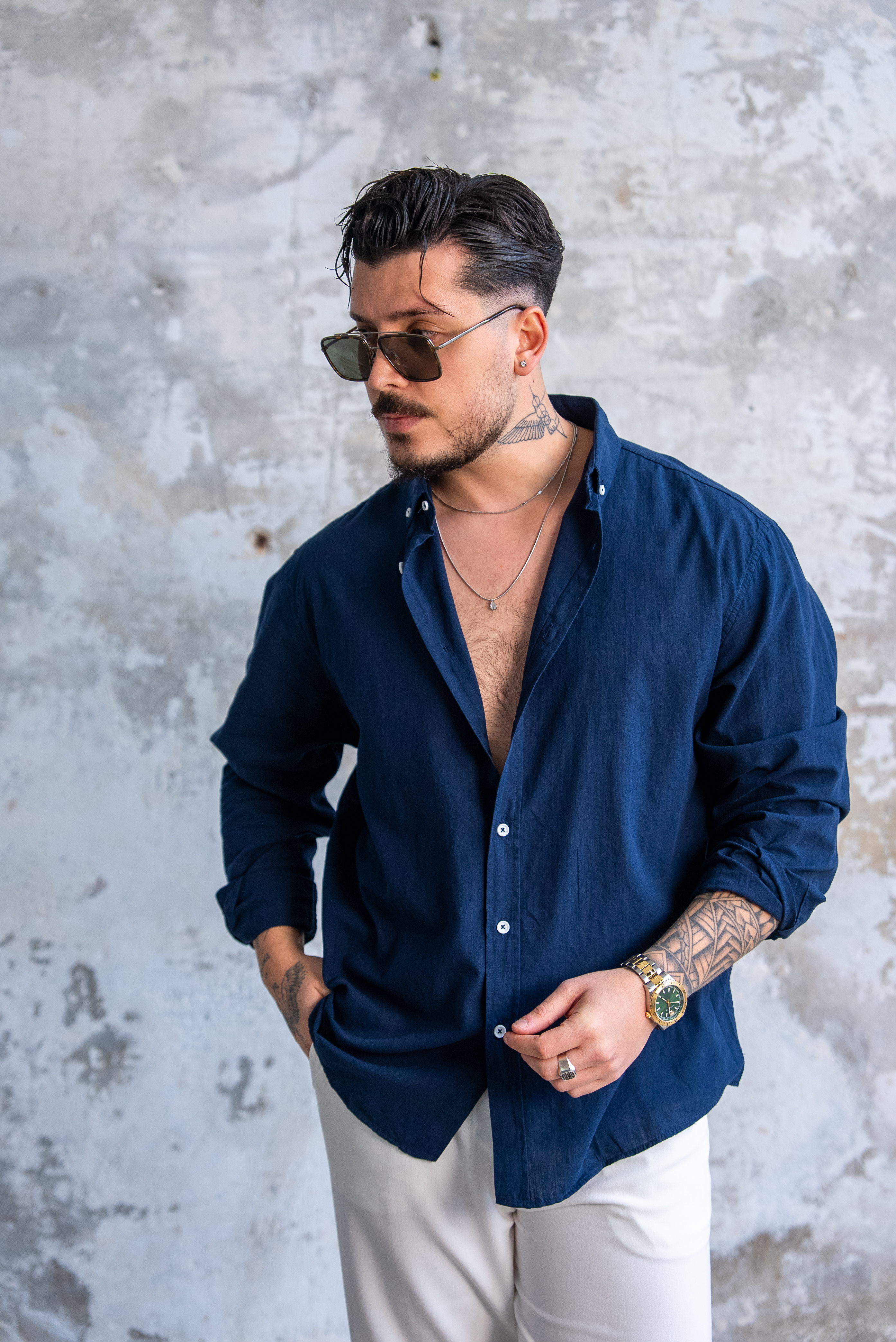 Keten Düğmeli Oversize Gömlek Lacivert
