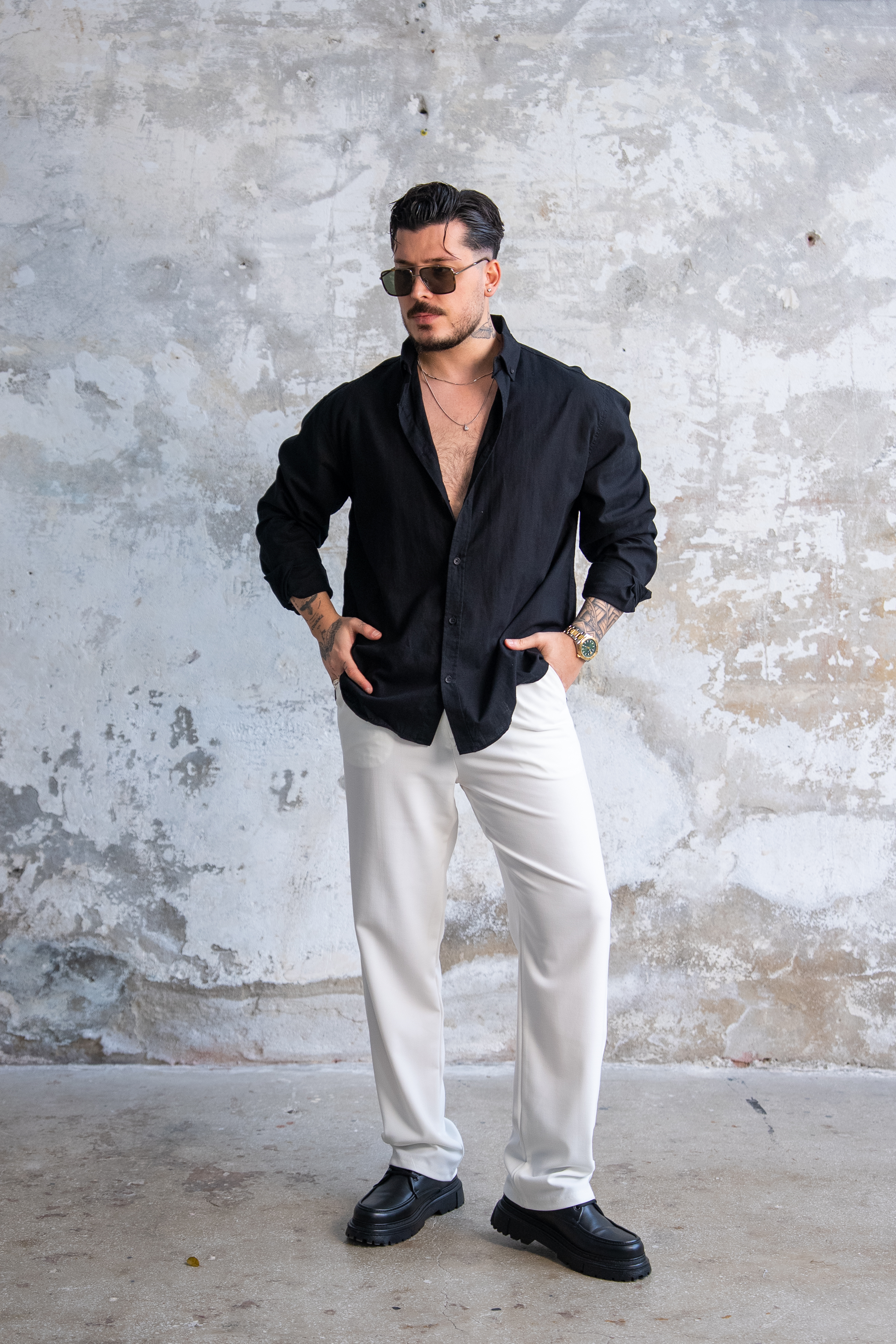 Keten Düğmeli Oversize Gömlek Siyah