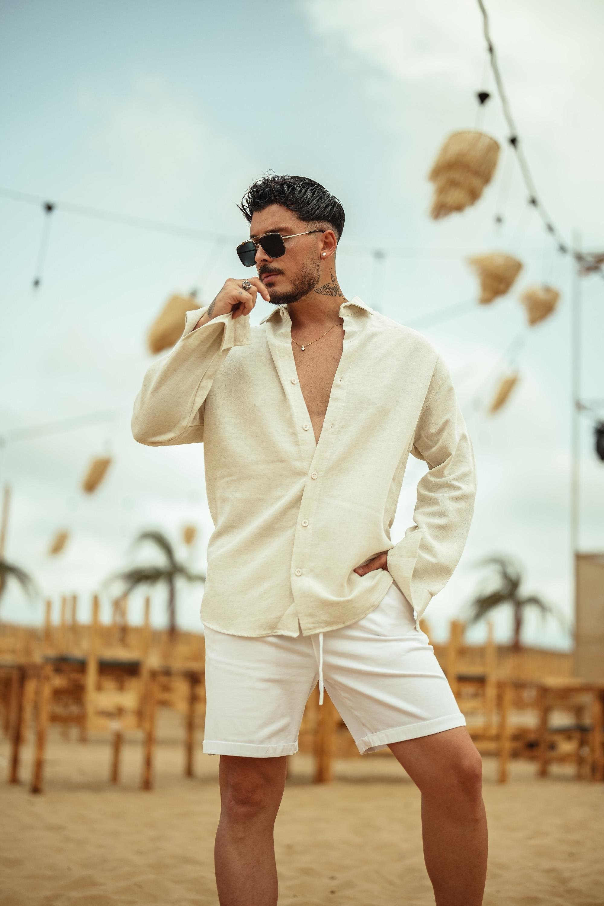 Keten Düz Oversize Gömlek Açık Bej