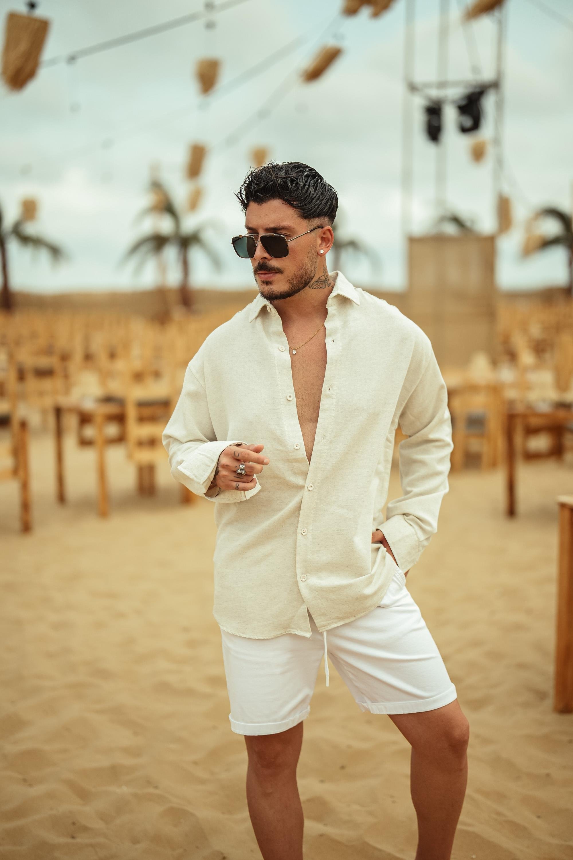 Keten Düz Oversize Gömlek Açık Bej