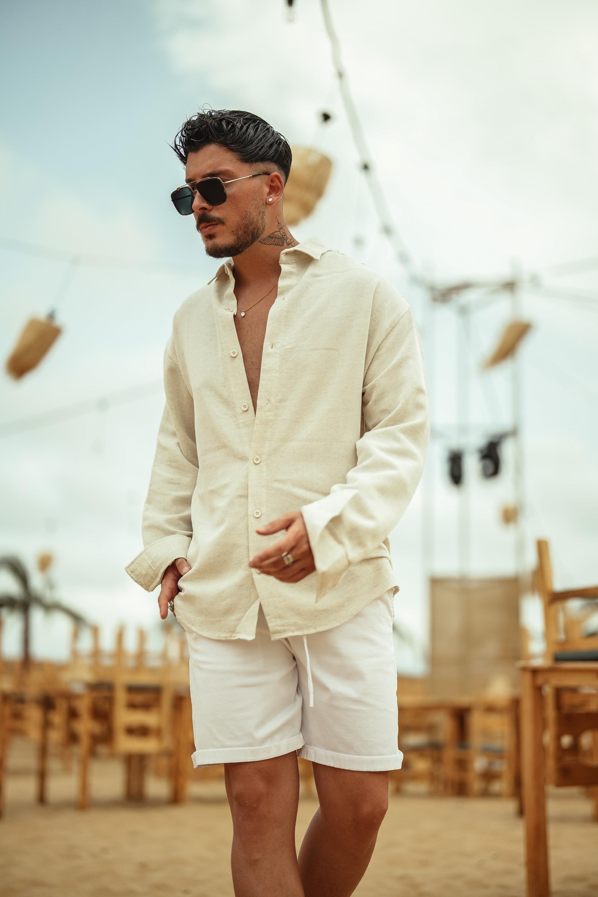 Keten Düz Oversize Gömlek Açık Bej