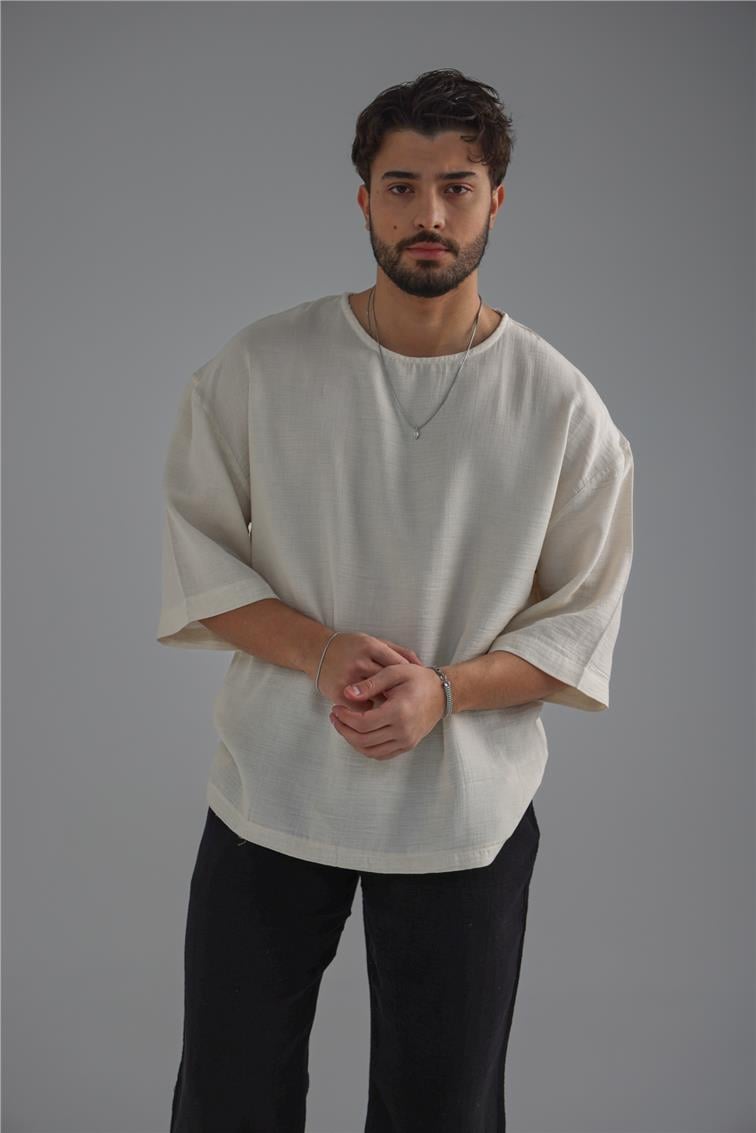 Keten Fakir Kol T-Shirt Kırık Beyaz