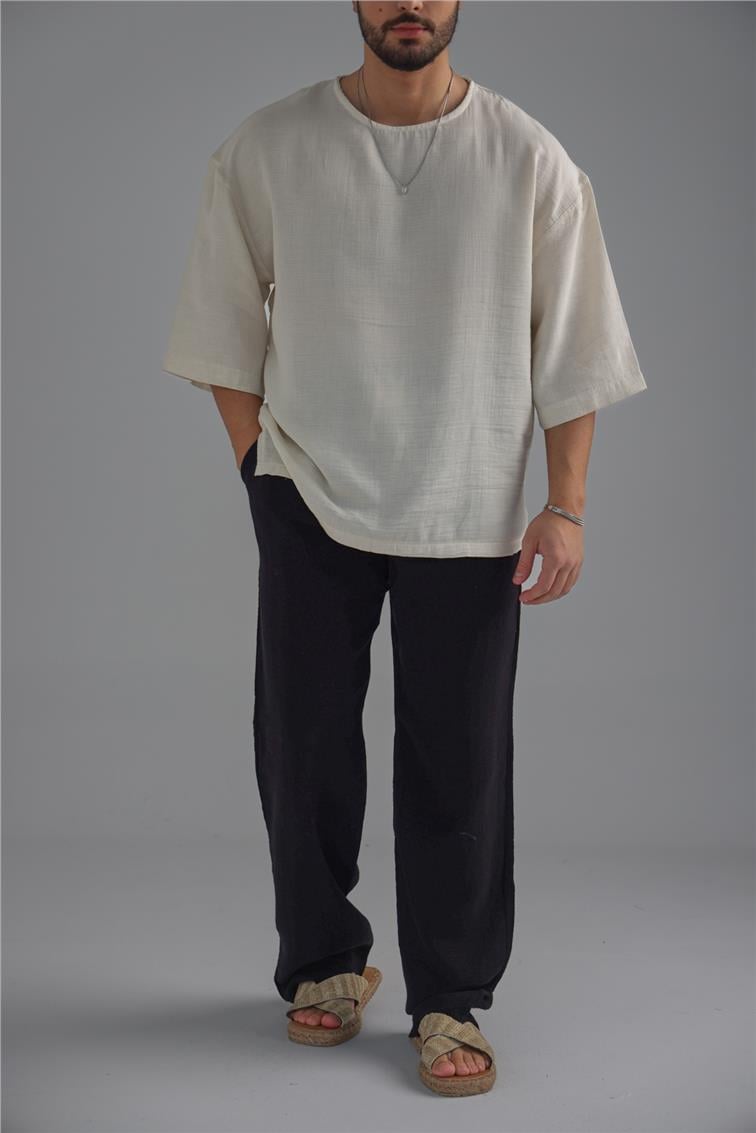 Keten Fakir Kol T-Shirt Kırık Beyaz