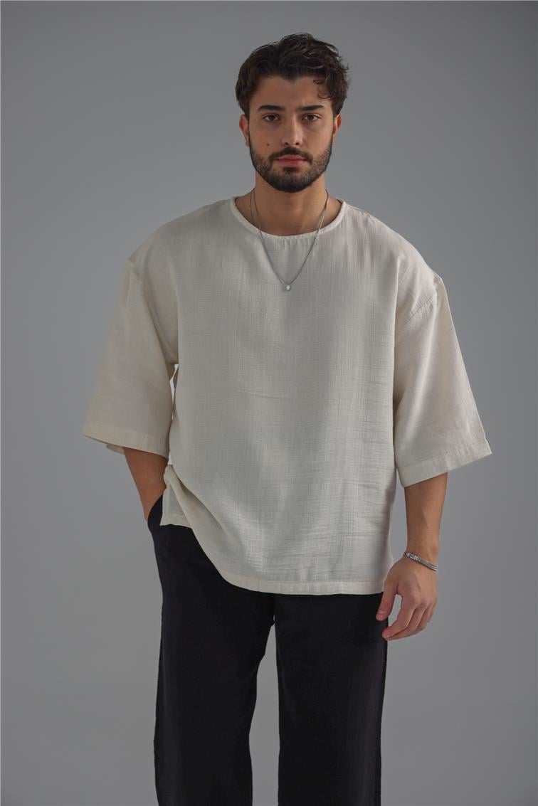 Keten Fakir Kol T-Shirt Kırık Beyaz