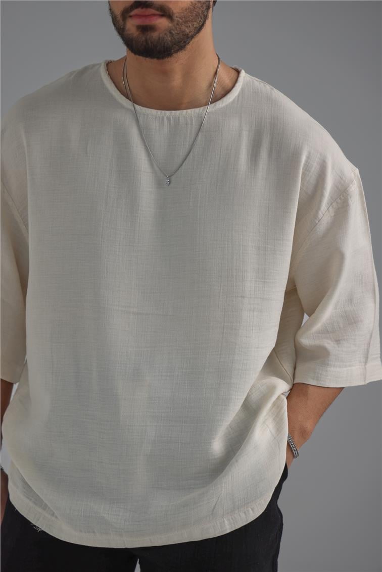 Keten Fakir Kol T-Shirt Kırık Beyaz