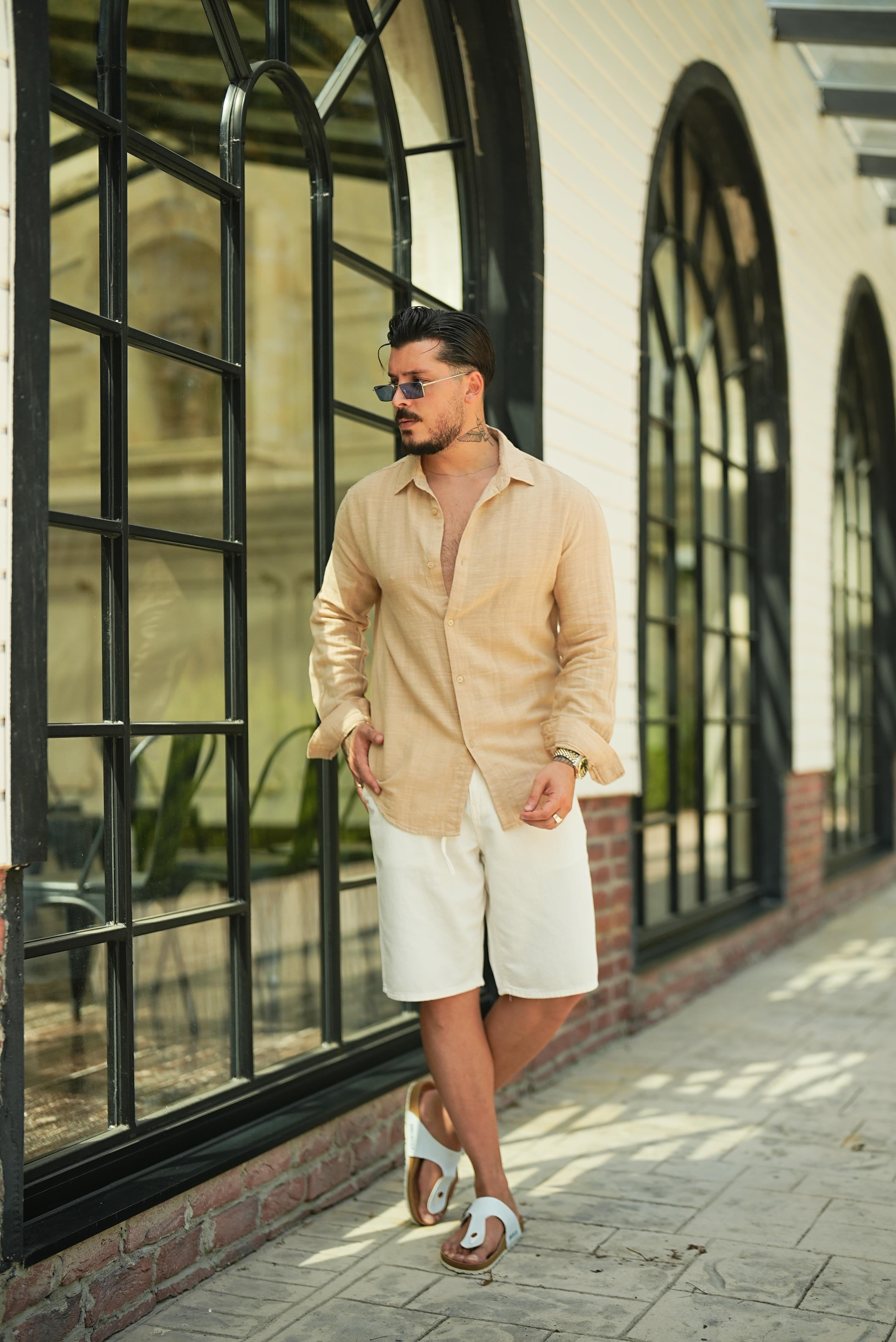 Keten İşlemeli Bol Kalıp Gömlek Bej