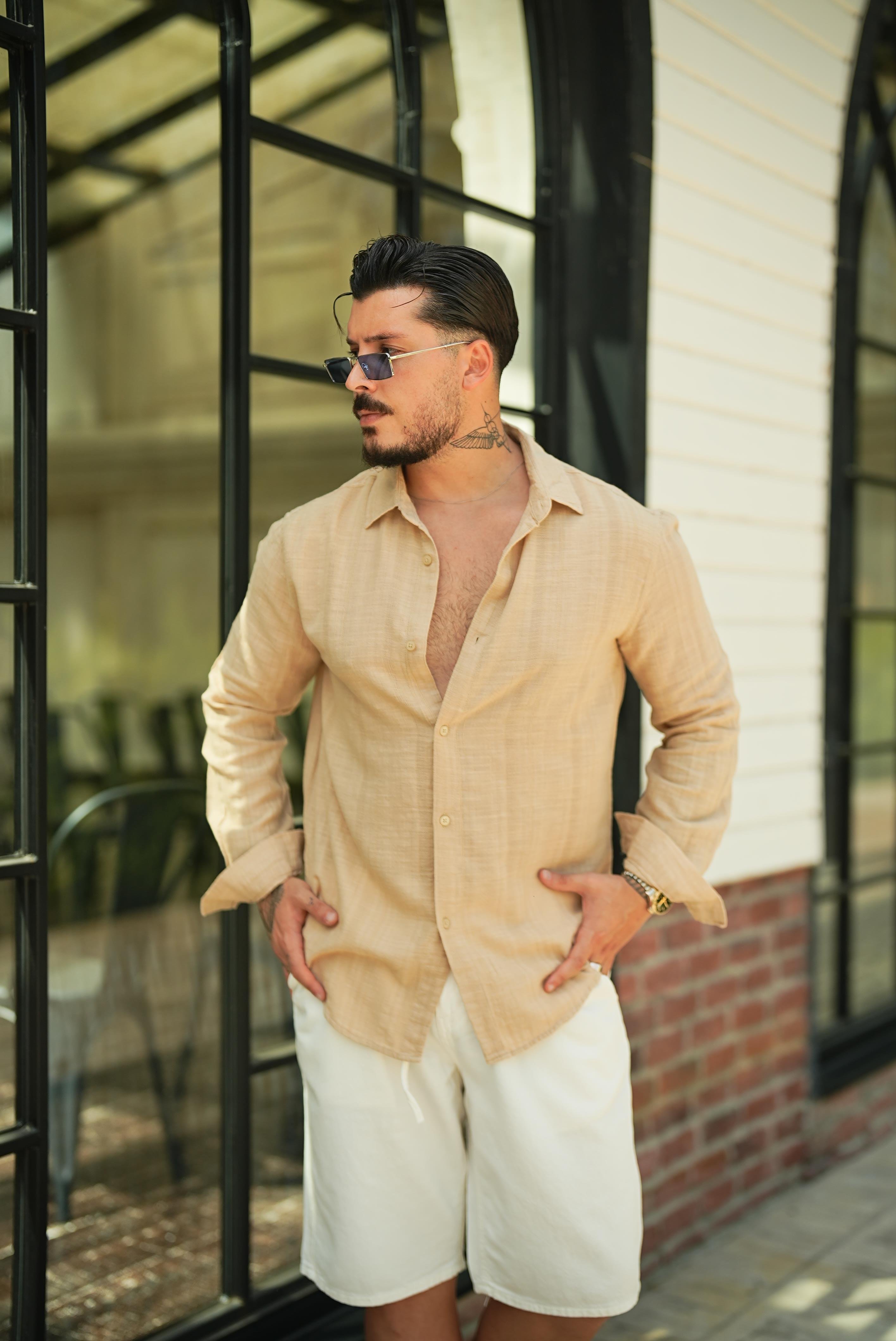 Keten İşlemeli Bol Kalıp Gömlek Bej