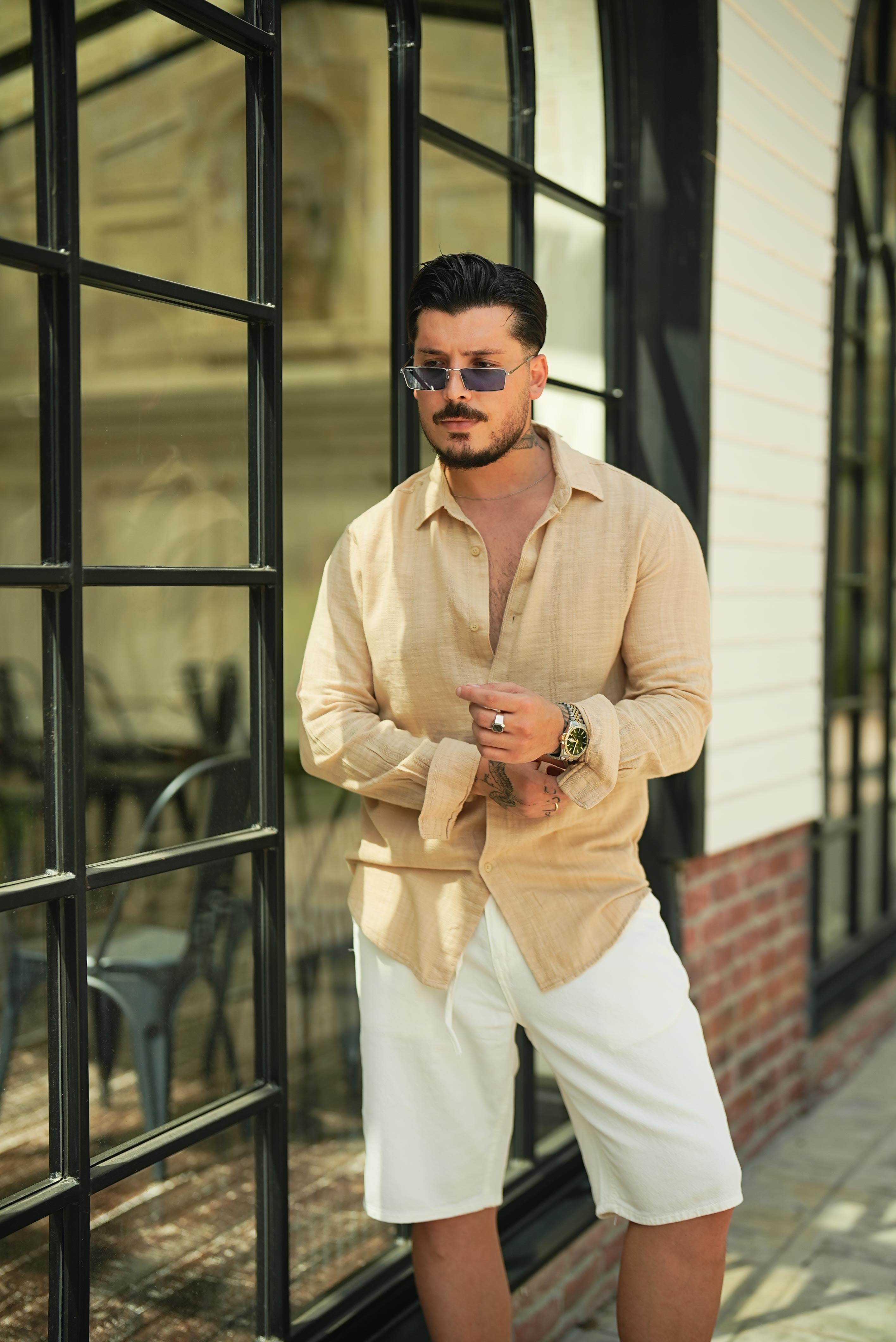 Keten İşlemeli Bol Kalıp Gömlek Bej