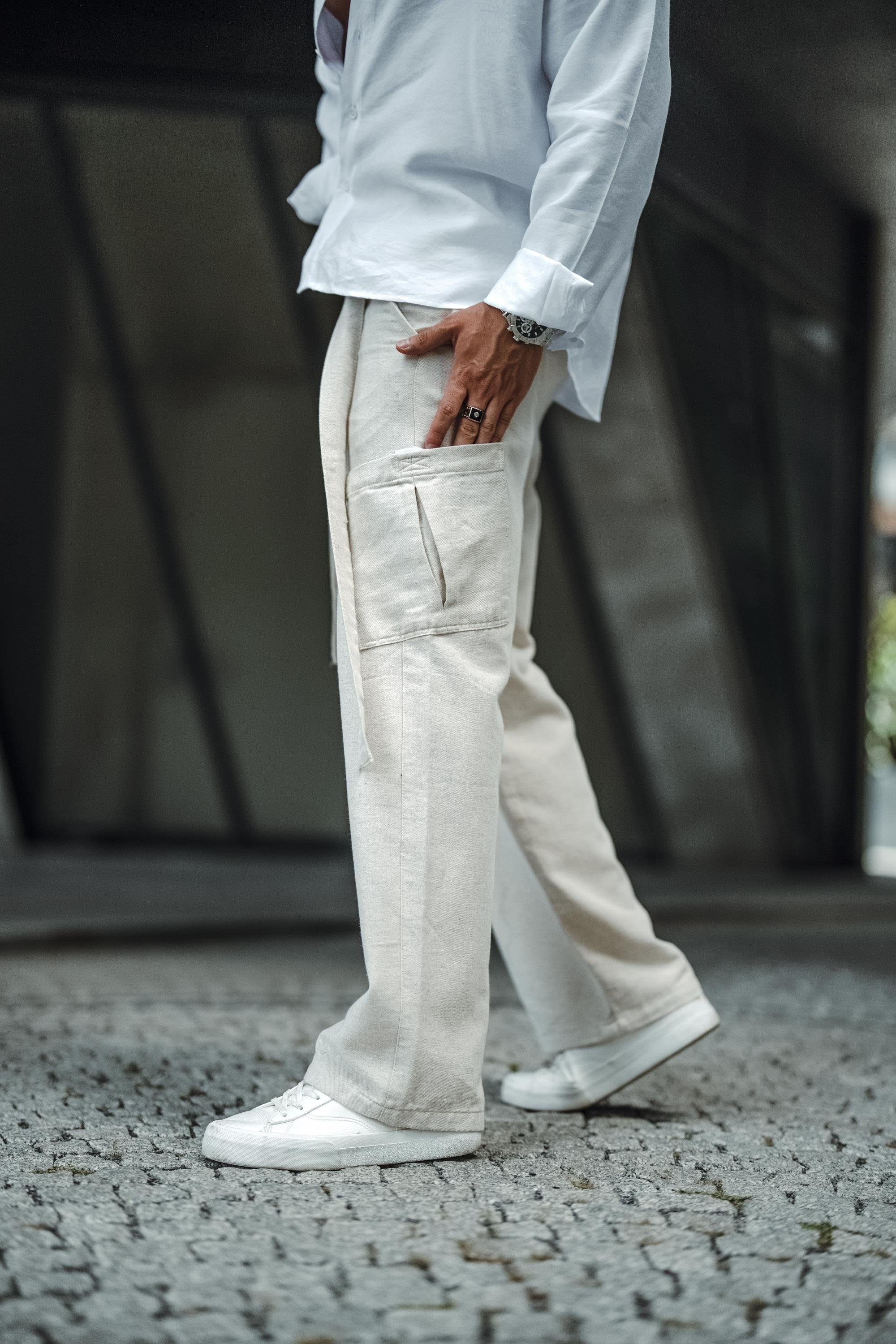 Keten Kuşaklı Baggy Pantolon Bej