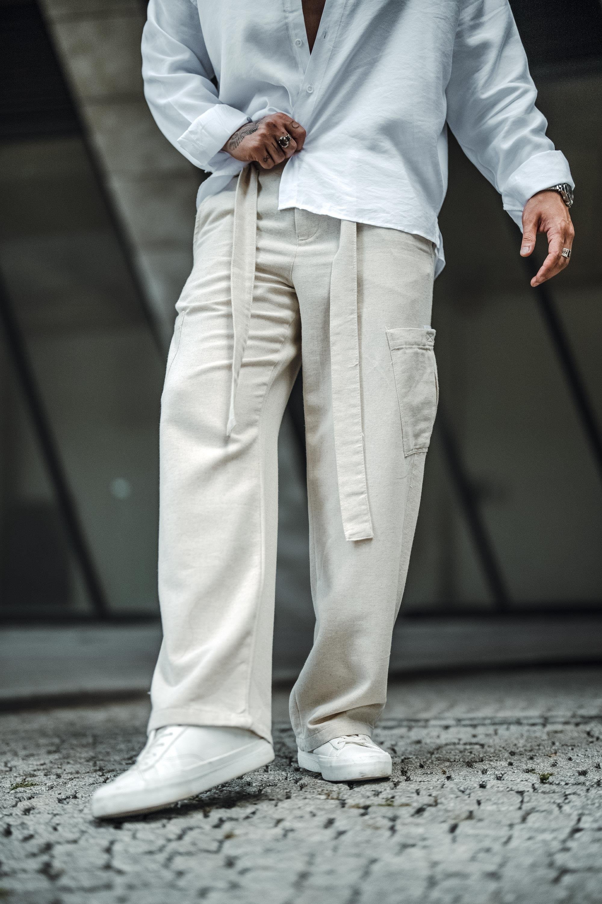 Keten Kuşaklı Baggy Pantolon Bej