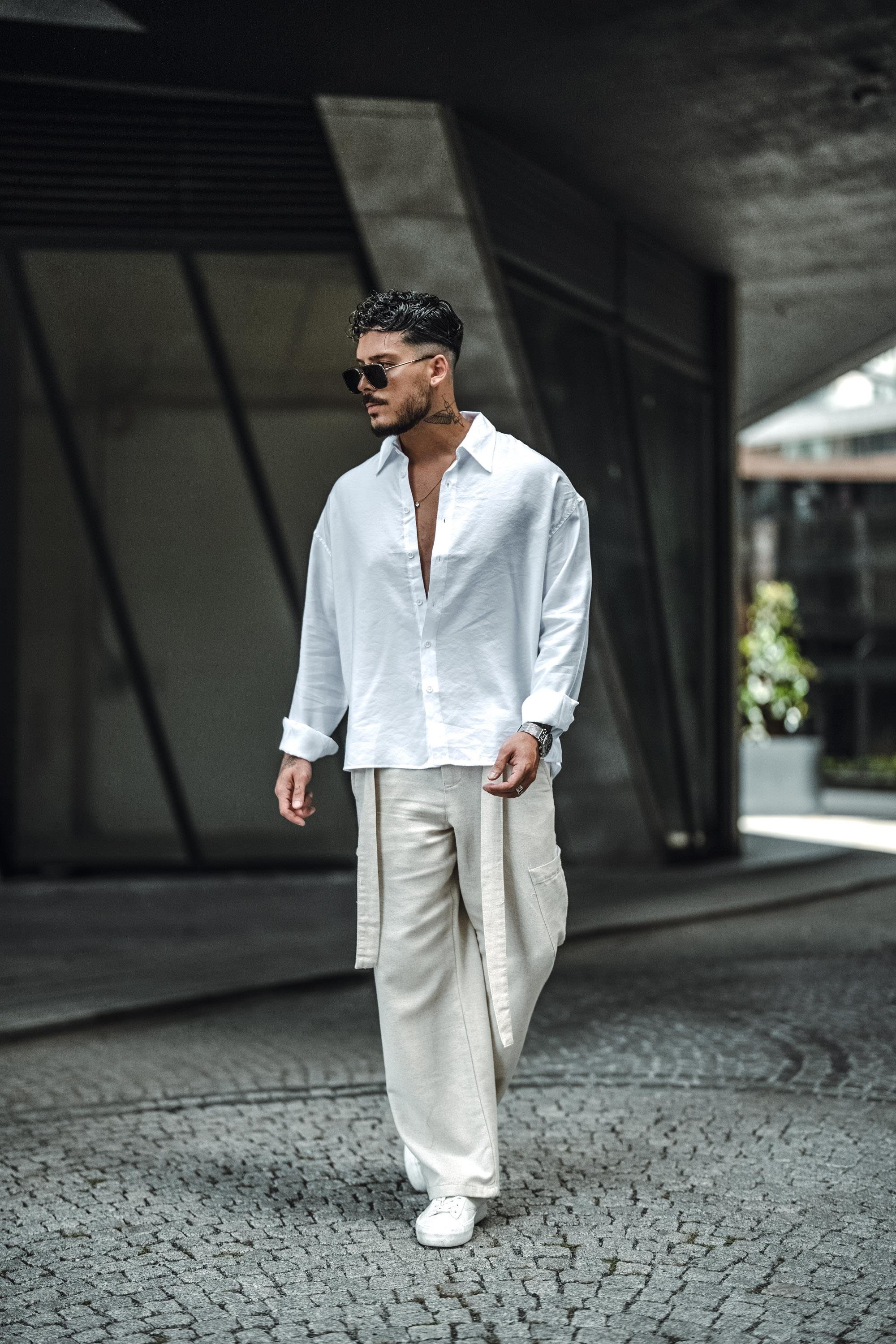 Keten Kuşaklı Baggy Pantolon Bej