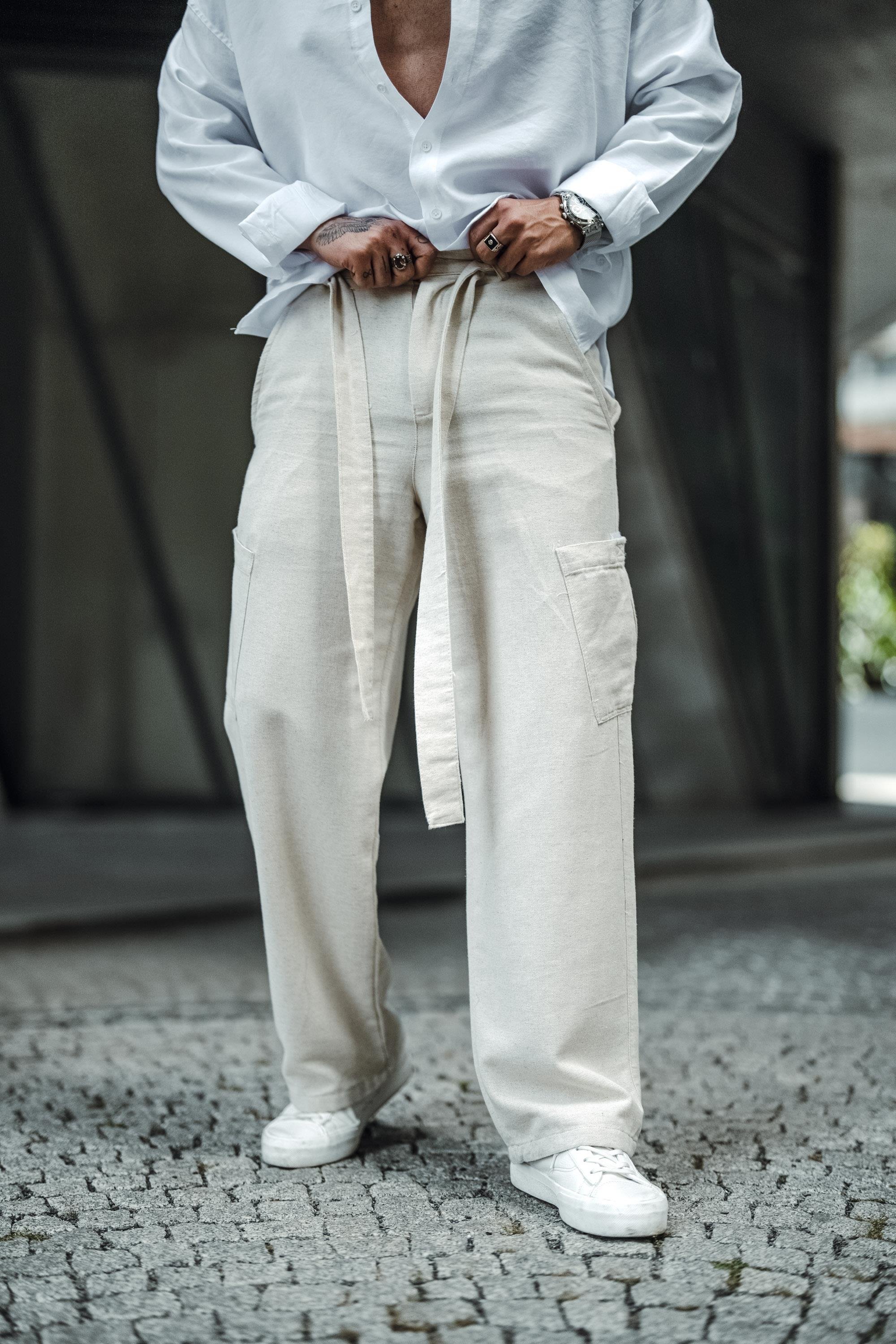 Keten Kuşaklı Baggy Pantolon Bej