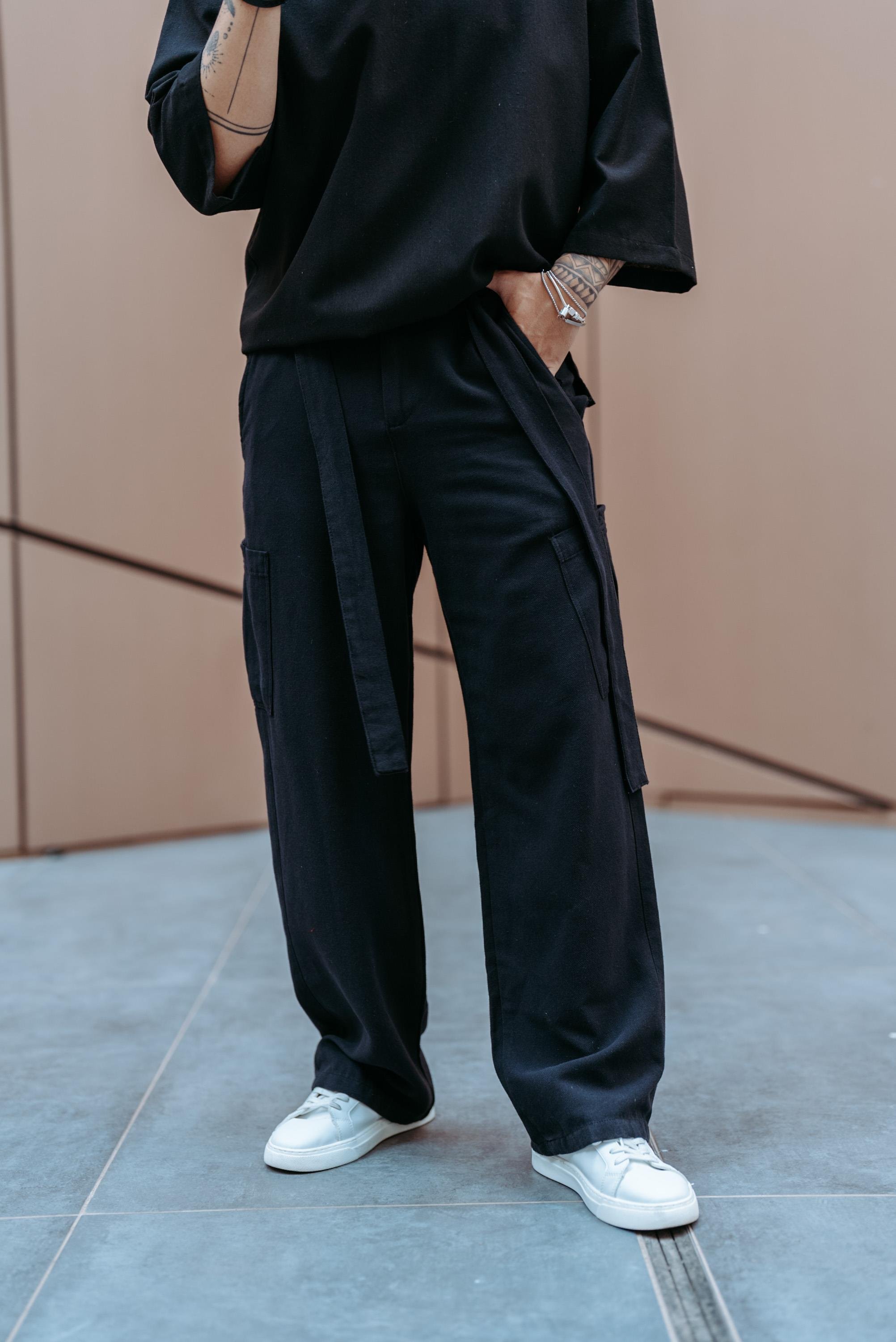 Keten Kuşaklı Baggy Pantolon Siyah