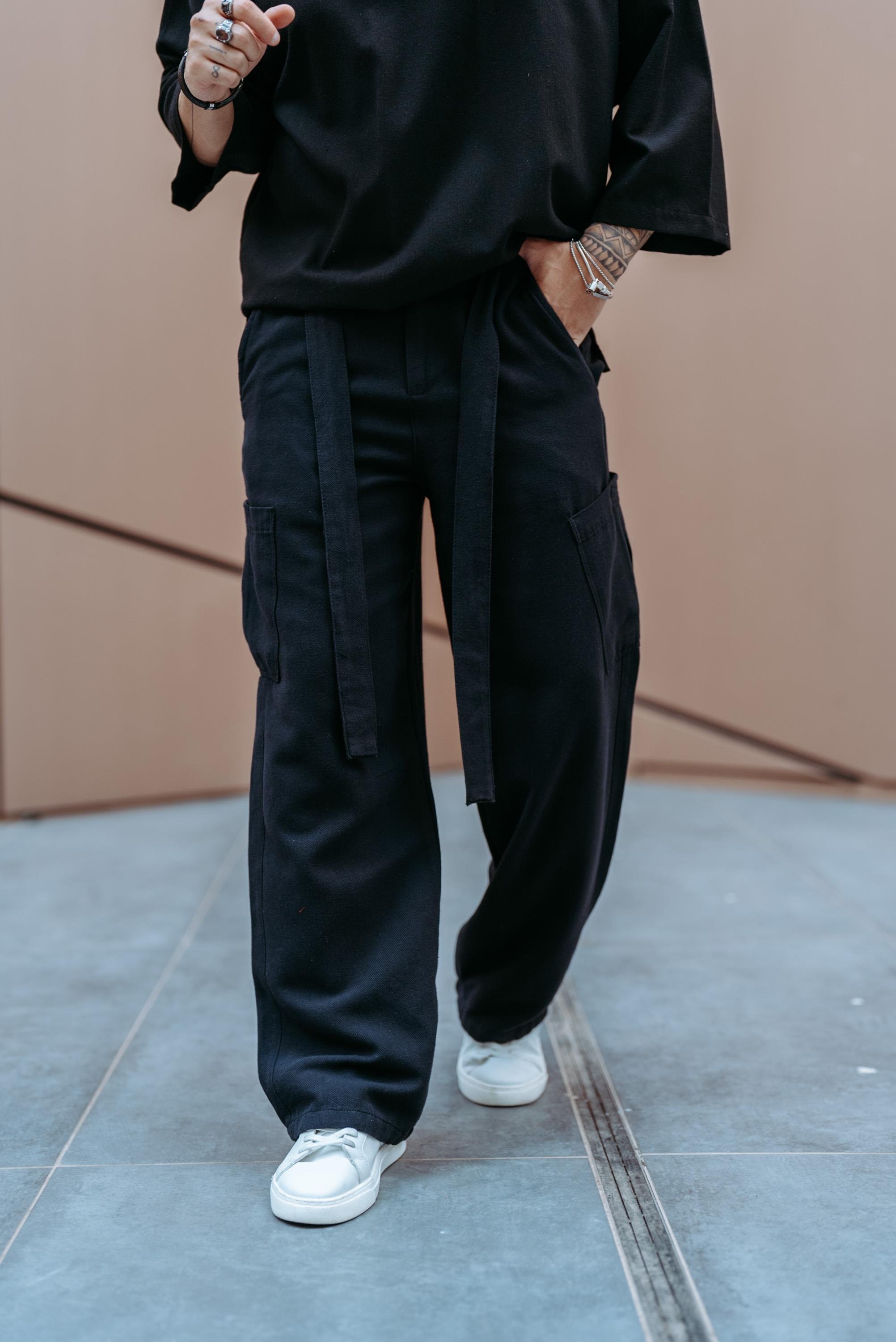 Keten Kuşaklı Baggy Pantolon Siyah