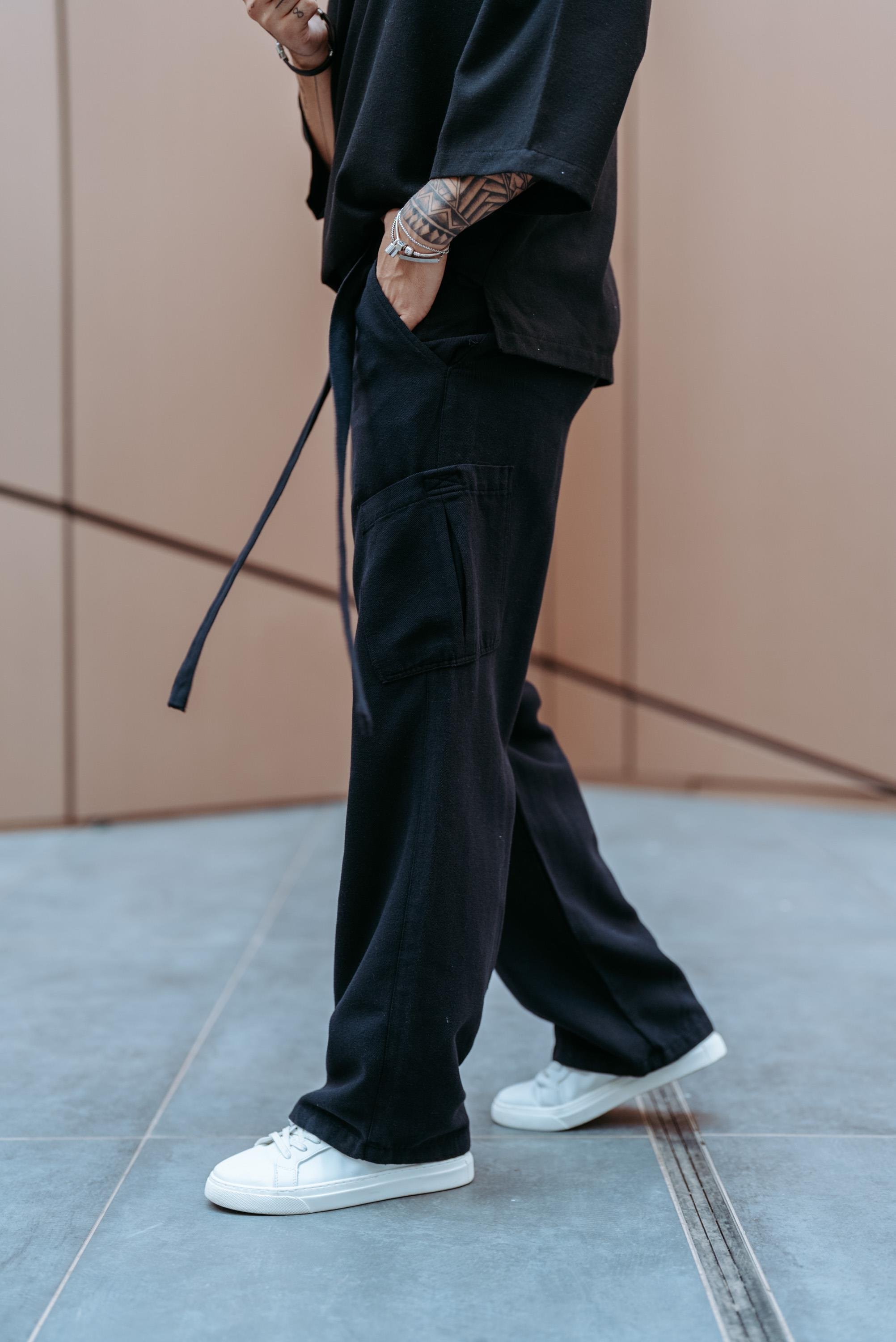 Keten Kuşaklı Baggy Pantolon Siyah