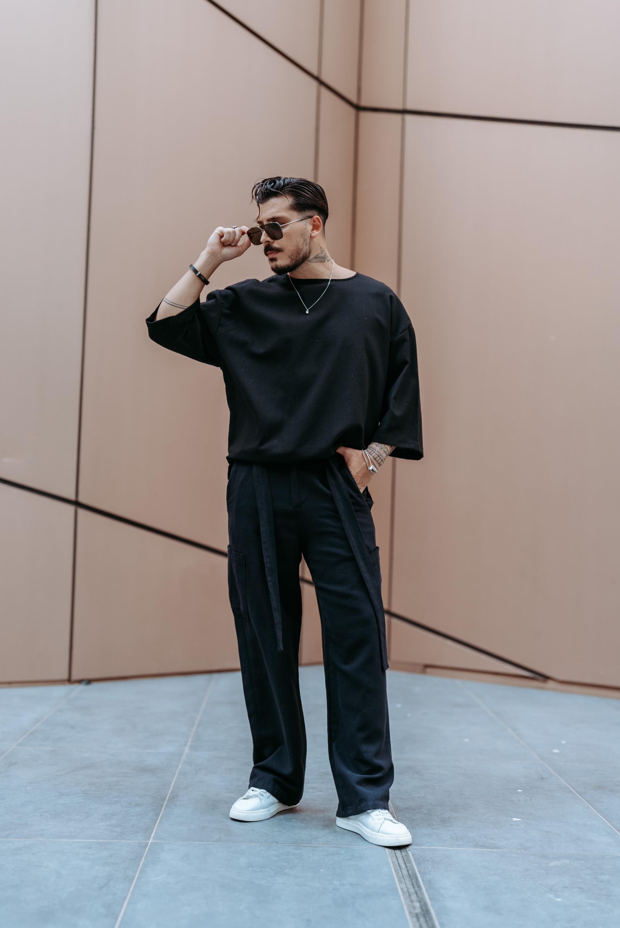 Keten Kuşaklı Baggy Pantolon Siyah