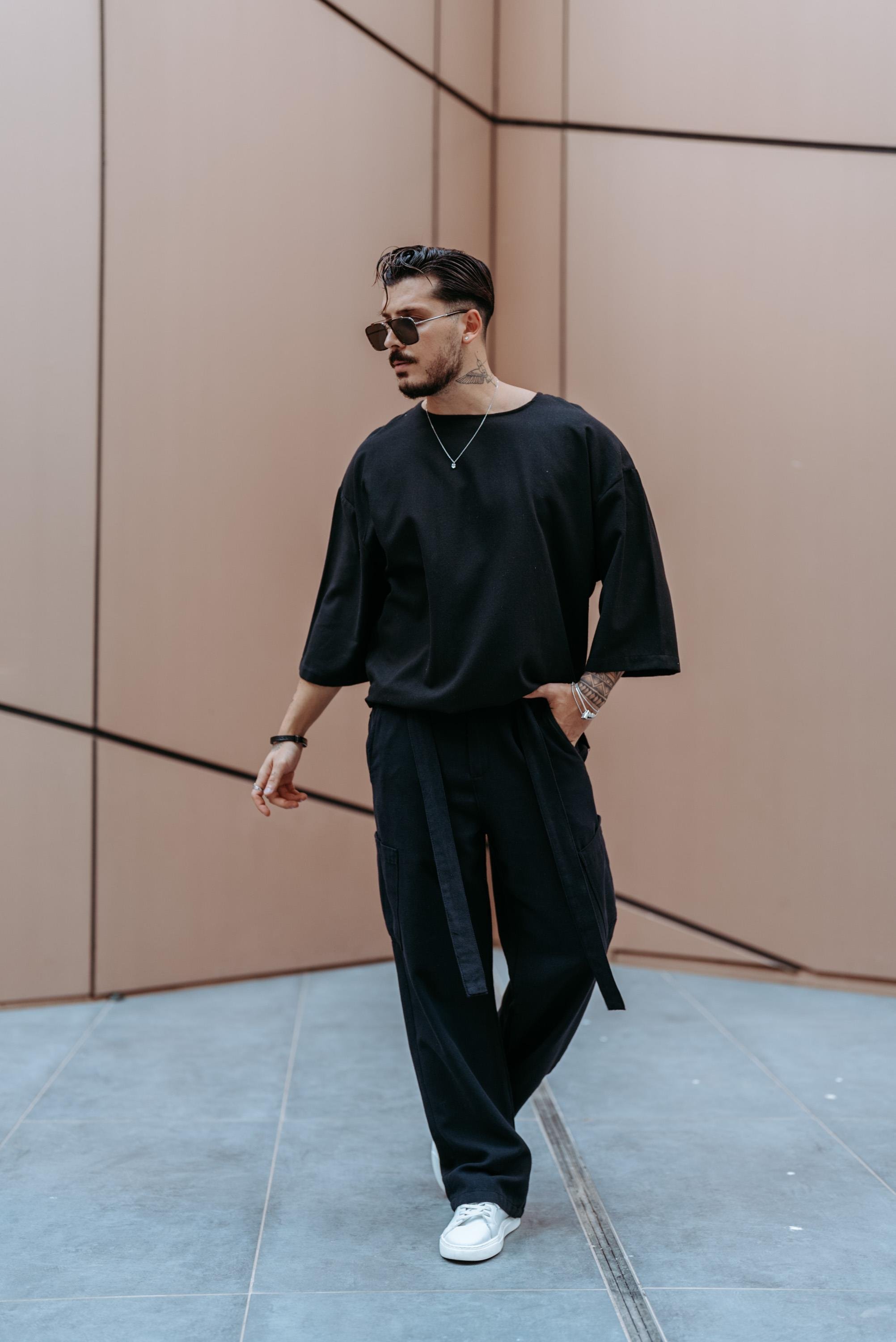 Keten Kuşaklı Baggy Pantolon Siyah