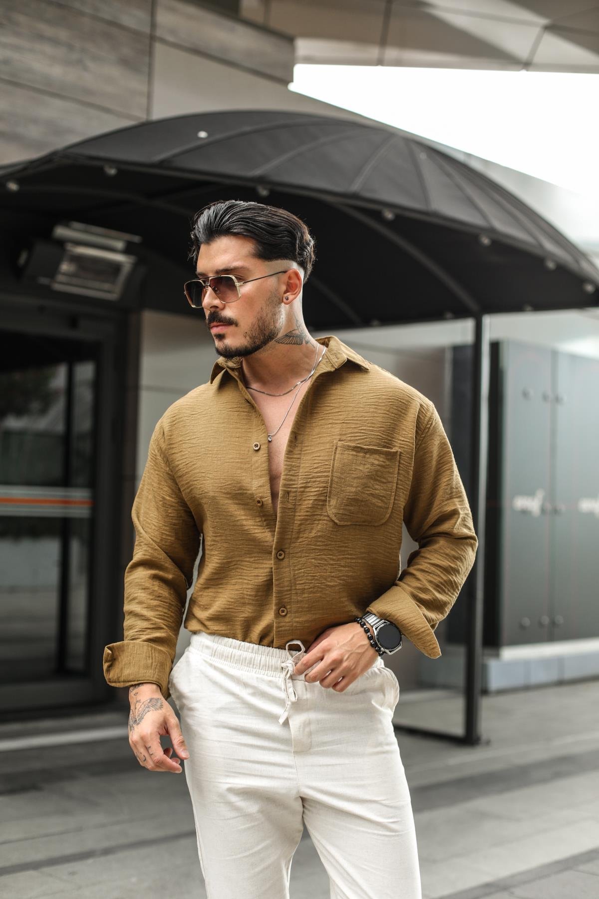 Keten Oval Cep Detaylı Oversize Gömlek Haki