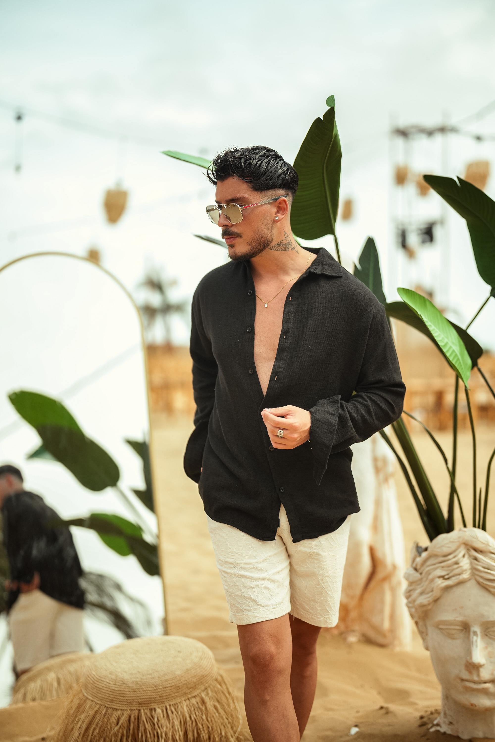 Keten Oval Kesim Oversize Gömlek Siyah