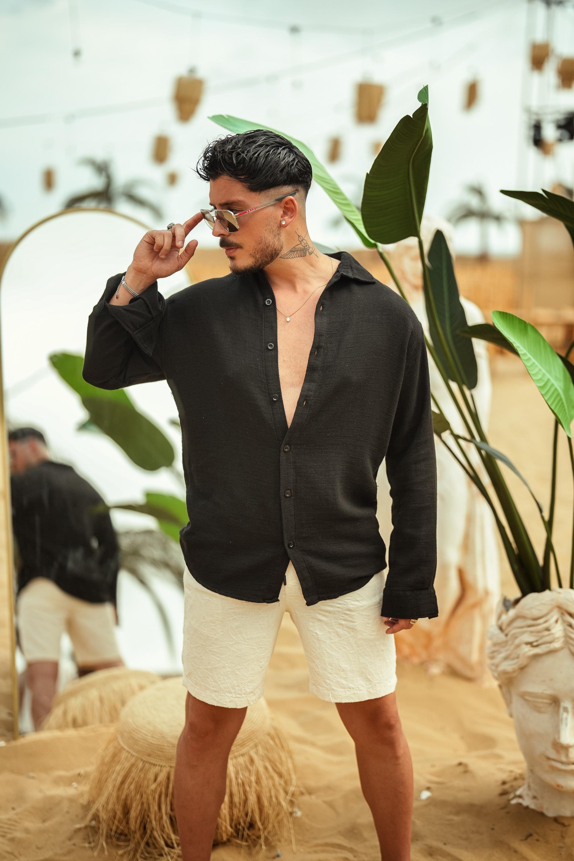 Keten Oval Kesim Oversize Gömlek Siyah